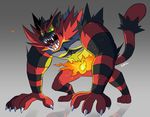  claws commentary_request fire gen_7_pokemon green_eyes incineroar no_humans pokemon pokemon_(creature) pokemon_(game) pokemon_sm sei_(seiryuuden) sharp_teeth teeth tiger 