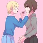  applying_makeup bad_id bad_twitter_id black_neckwear blue_sweater brown_eyes brown_hair closed_eyes darjeeling dress_shirt girls_und_panzer hand_on_another's_face henpei_saboten holding kuromorimine_school_uniform lipstick_tube looking_at_another mouth_hold multiple_girls necktie nishizumi_maho pink_background shirt sketch smile st._gloriana's_school_uniform sweater white_shirt yuri 