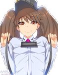  2016 backlighting balancing breasts brown_eyes brown_hair cellphone covered_nipples dated def_(chronowarld) eyebrows eyebrows_visible_through_hair kantai_collection long_hair looking_down magatama no_bra object_on_breast orange_eyes phone ryuujou_(kantai_collection) signature small_breasts smartphone smile solo suspenders tawawa_challenge trembling twintails upper_body visor_cap watermark wavy_mouth web_address 