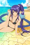  absurdres arm_support beach beach_chair bikini black_bra bra breasts cloud day drink high_ponytail highres judith long_hair looking_at_viewer medium_breasts nail_polish navel o-ring o-ring_bottom o-ring_top official_art on_ground outdoors pointy_ears purple_eyes purple_hair sky smile solo swimsuit tales_of_(series) tales_of_link tales_of_vesperia underwear water wet wet_clothes 