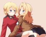  bike_shorts blonde_hair blue_eyes brown_jacket commentary_request darjeeling eyebrows eyebrows_visible_through_hair girls_und_panzer highres jacket kapatarou kay_(girls_und_panzer) long_hair long_sleeves looking_at_another military military_uniform multiple_girls saunders_military_uniform simple_background st._gloriana's_military_uniform tongue tongue_out uniform yuri 