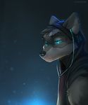  anthro black_nose blue_eyes canine clothed clothing eyebrows fur gradient_background grey_fur grey_hair hair headphones koul male mammal simple_background solo wolf 
