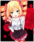  blonde_hair blood blood_splatter blue_eyes blush dairenji_suzuka drill_hair hair_ribbon happy jacket long_hair looking_at_viewer looking_up open_mouth ribbon skirt solo splatter tokyo_ravens tsukasa_kinako twintails white_jacket 