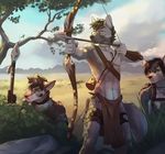 5_fingers abs anthro armpits arrow black_hair black_nose bow brown_eyes canine day detailed_background group hair holding_object holding_weapon jewelry koul male mammal melee_weapon necklace outside polearm sky spear standing ticl weapon wolf yellow_eyes 