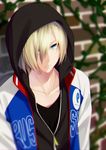  artist_name blonde_hair blue_eyes brick brick_wall hair_over_one_eye hood hoodie jacket letterman_jacket looking_at_viewer male_focus nanamiya open_clothes open_jacket plant solo upper_body vines watermark yuri!!!_on_ice yuri_plisetsky zipper_pull_tab 