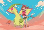  1girl absurdres bangs bike_shorts bike_shorts_under_shorts blue_sky brown_eyes brown_hair closed_mouth cloud collarbone creatures_(company) day desert eyebrows_visible_through_hair fanny_pack flygon full_body game_freak gen_3_pokemon hair_between_eyes haruka_(pokemon) highres long_hair nintendo pokemon pokemon_(creature) pokemon_(game) pokemon_oras red_shirt shirt shoes shorts sky solo standing tanbo-san tank_top trapinch white_shorts 