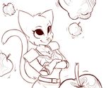  2014 anthro apple black_and_white cat cheek_tuft clothed clothing crossed_arms feline female food fruit gloves katia_managan khajiit levitation mammal monochrome plagueofgripes prequel simple_background smile solo the_elder_scrolls tuft video_games white_background 