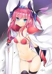  47agdragon armor bikini bikini_armor black_legwear blue_eyes blue_ribbon blush breasts broadsword cape choker curled_horns elizabeth_bathory_(brave)_(fate) elizabeth_bathory_(fate)_(all) fate/grand_order fate_(series) flat_chest gauntlets hair_ribbon highres holding holding_sword holding_weapon horns long_hair looking_at_viewer loose_bikini navel oversized_clothes pauldrons pink_bikini pink_hair pointy_ears red_bikini ribbon silver_trim small_breasts solo string_bikini sweat sweatdrop swimsuit sword thighhighs tiara two_side_up vambraces weapon white_cape 