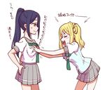  :3 anger_vein blonde_hair blue_hair blush blush_stickers breast_grab breasts closed_eyes grabbing grey_skirt groping hands_on_hips kamui87 long_hair love_live! love_live!_sunshine!! matsuura_kanan multiple_girls ohara_mari open_mouth pleated_skirt ponytail school_uniform serafuku simple_background skirt sweatdrop translated uranohoshi_school_uniform white_background yuri 