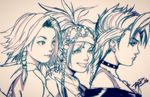  bandana beads choker cousins final_fantasy final_fantasy_x final_fantasy_x-2 greyscale looking_to_the_side monochrome multiple_girls paine_(ff10) rikku robert_porter short_hair sketch smile upper_body yuna_(ff10) 