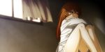  blazblue brown_eyes crossed_arms highres higuchi_konomi himezuru_yuki legs long_hair long_sleeves looking_to_the_side open_window orange_hair sad shorts sitting solo white_shorts window xblaze xblaze_lost:_memories 