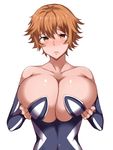  bare_shoulders breasts brown_hair cleavage detached_sleeves elbow_gloves gloves huge_breasts looking_at_viewer moruta_(sunu-pio) original pout short_hair simple_background solo v white_background 
