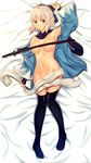  ahoge bad_id bad_pixiv_id blush breasts cleavage convenient_censoring crow_(glhtca) dakimakura fate_(series) full_body groin highres katana koha-ace lying medium_breasts navel okita_souji_(fate) okita_souji_(fate)_(all) on_back partially_undressed solo sword thighhighs thighs weapon 