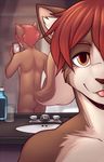  2016 aiden_(novus724) anthro bathroom butt detailed_background digital_media_(artwork) fluffy fluffy_tail fur grin hair lockworkorange looking_at_viewer male mammal mirror nude phone pinup pose red_eyes rodent selfie solo squirrel standing tagme tongue tongue_out yellow_eyes 