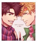  blonde_hair brown_hair caesar_anthonio_zeppeli facial_mark fingerless_gloves gloves green_eyes grin happy_birthday headband jojo_no_kimyou_na_bouken joseph_joestar_(young) lanxjourney male_focus multiple_boys scarf smile striped striped_scarf v 