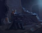  anthro black_nose blue_eyes canine clothed clothing crouching detailed detailed_background dog female fur gun hair holding_object holding_weapon koul looking_at_viewer mammal night outside ranged_weapon rubble smile solo weapon 