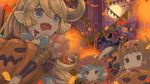  :/ :3 :d bat blonde_hair blue_bow blue_eyes blue_hair blush bow braid brown_hair candy charlotta_fenia closed_mouth eyebrows eyebrows_visible_through_hair fang food full_moon granblue_fantasy hair_between_eyes halloween harvin hat holding jack-o'-lantern long_hair looking_at_another milleore moon multiple_girls night o_(rakkasei) open_mouth outdoors pointy_ears puffy_sleeves sahli_lao smile sweatdrop triangle_mouth very_long_hair 