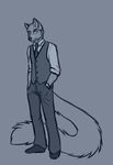  2014 anthro blue_background canine catwolf clothed clothing flynn_shepard fox hands_in_pockets hybrid long_tail looking_at_viewer male mammal monochrome necktie simple_background solo standing suit waistcoat wolf wristwatch 