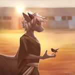  5_fingers anthro avian bird blurred_background detailed_background dragon duo feathered_wings feathers feral fur furred_dragon hair koul membranous_wings smile standing white_hair wings yellow_eyes 