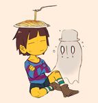  androgynous bandages bandaid bandaid_on_knee chromatic_aberration crossed_arms crying food frisk_(undertale) ghost hat hscatter napstablook pasta shirt simple_background sitting socks spaghetti striped striped_legwear striped_shirt undertale yellow_skin 