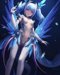  2016 anivia artist_name bangs bare_shoulders blue blue_background blue_hair bracer breasts center_opening elbow_gloves eyelashes feathered_wings from_below gloves head_wings highres league_of_legends legs_apart leotard light_particles long_hair long_legs looking_at_viewer magical_girl mool_yueguang motion_blur navel parted_lips personification red_eyes shade sleeveless small_breasts snowflakes solo stomach tail thighhighs twintails white_gloves white_legwear wings 