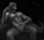  abs anthro athletic claws clothed clothing erection front_view hi_res humanoid_penis klongi lizard male monochrome muscular nude pecs penis reptile scales scalie simple_background sitting solo topless 