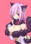  absurdres animal_ears baron_suzuki blush breasts cleavage dangerous_beast elbow_gloves fate/grand_order fate_(series) fur_trim gloves hair_over_one_eye halloween_costume highres large_breasts mash_kyrielight navel open_mouth pink_background purple_eyes purple_gloves purple_hair short_hair simple_background smile solo tail wolf_ears wolf_tail 