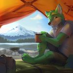  4_toes 5_fingers anthro black_nose blue_eyes canine clothed clothing day detailed_background eyebrows fingers forest fur green_fur green_hair hair holding_object koul lake looking_at_viewer male mammal mountain outside smile solo teeth tent toes tree wolf 