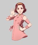  arm_warmers brown_eyes brown_hair choker dress grey_background hairband hand_on_hip jojo_no_kimyou_na_bouken lanxjourney no_legs pink_dress smile solo sugimoto_reimi 