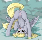  2016 aelsiiz anus ass_up blonde_hair butt derpy_hooves_(mlp) dock equine feathered_wings feathers female feral friendship_is_magic fur grey_feathers grey_fur hair looking_through_legs mammal my_little_pony open_mouth pegasus pussy solo tongue wings yellow_eyes 