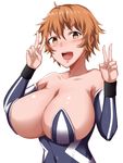  bare_shoulders breasts brown_hair cleavage detached_sleeves elbow_gloves gloves huge_breasts looking_at_viewer moruta_(sunu-pio) original short_hair simple_background smile solo v white_background 