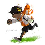  artist_self-insert backpack bag black_hair carrying_under_arm charmander clenched_hand copyright_name dark_skin dark_skinned_male egg fingerless_gloves fire gen_1_pokemon gloves grass hood hoodie hscatter male_focus male_protagonist_(pokemon_go) pokemon pokemon_(creature) pokemon_go running shaded_face visor_cap waving white_background 