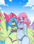  2girls blue_hair blue_skin cteno cyclops eyelashes feathers glasses green_skin harpy long_eyelashes long_hair looking_at_viewer monster_girl multiple_arms multiple_girls navel original peace_sign pink_hair red_eyes slugbox tail wings 