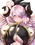  arms_up blue_eyes breasts cleavage draph granblue_fantasy horns huge_breasts ion_(cation) long_hair narmaya_(granblue_fantasy) parted_lips purple_hair solo underboob 