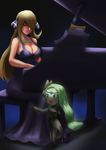  :d aqua_eyes atorot blonde_hair breasts cleavage closed_eyes dress full_body gen_5_pokemon green_hair hair_ornament hair_over_one_eye highres instrument large_breasts lips long_hair meloetta music open_mouth piano playing_instrument pokemon pokemon_(creature) pokemon_(game) sheet_music shirona_(pokemon) sitting sketch smile standing 
