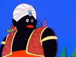  2boys 80s animated animated_gif belt bird black_eyes black_hair black_skin blue_sky dark-skinned_male dougi dragon_ball earrings genie jewelry lips male_focus mister_popo multiple_boys oldschool outdoors pain single_tooth son_gokuu symbol tail tree turban vest wristband 