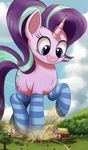  2016 clothed clothed_feral clothing cloud cutie_mark destruction equine female feral friendship_is_magic hair hi_res horn legwear macro mammal multicolored_hair my_little_pony ncmares outside smile starlight_glimmer_(mlp) striped_legwear stripes tree two_tone_hair unicorn 