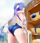  absurdres ass bad_anatomy basket bathhouse befu blue_hair blush bottle breasts changing_room clothes gradient_hair hair_ribbon highres i-19_(kantai_collection) indoors kantai_collection laundry_basket long_hair looking_back medium_breasts milk_bottle multicolored_hair one-piece_swimsuit open_mouth red_eyes refrigerator ribbon school_swimsuit solo swimsuit swimsuit_pull tri_tails undressing weighing_scale 