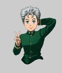  blue_eyes gakuran grey_hair hand_behind_head hirose_kouichi jojo_no_kimyou_na_bouken lanxjourney male_focus no_legs school_uniform solo upper_body v 