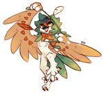  2016 ambiguous_gender arrow avian beak bird bow brown_feathers chest_tuft claws dartrix english_text feathers feral green_feathers kalteule nintendo open_mouth owl pok&eacute;mon rowlet signature simple_background solo talons text tongue tuft unidentified_pokemon unknown_pokemon unknown_species video_games weapon white_backgroud white_feathers wings yellow_eyes 