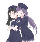  2girls alternate_hairstyle artist_name bare_shoulders black_hair blush closed_mouth cowboy_shot crossed_arms dress eyes_closed hat heart hug hug_from_behind long_hair looking_away love_live! love_live!_school_idol_project marin_(myuy_3) multiple_girls pout purple_hair red_eyes sailor_collar sailor_uniform simple_background sleeveless smile toujou_nozomi twintails white_background yazawa_nico 