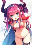  armor arms_behind_back ass_visible_through_thighs bangs bikini bikini_armor blue_eyes blush breasts cape collarbone commentary_request cowboy_shot dragon_tail elizabeth_bathory_(brave)_(fate) elizabeth_bathory_(fate)_(all) fate/grand_order fate_(series) gauntlets highres horns leaning_forward long_hair looking_at_viewer loose_bikini lowleg lowleg_bikini navel open_mouth pauldrons pink_hair pointy_ears red_armor silver_trim single_thighhigh small_breasts solo standing swimsuit tail thighhighs tiara toosaka_asagi two_side_up 