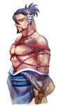  1boy abs beard facial_hair hanzo_(overwatch) looking_at_viewer male_focus muscle nipple nipples overwatch pecs piercing restrained rope solo tagme tattoo 