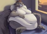  2016 accidentalaesthetics anthro beard bed bedroom belly big_belly black_pawpads brown_eyes brown_hair caligari detailed_background digital_media_(artwork) eyewear facial_hair fur glasses grey_fur grey_tail hair hand_on_stomach hyper hyper_belly male mammal moobs morbidly_obese multicolored_fur nude on_bed open_mouth overweight overweight_male pawpads paws rodent signature sitting solo squirrel teeth two_tone_fur white_fur window 