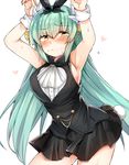  armpits black_skirt blush breasts eyebrows eyebrows_visible_through_hair fate/grand_order fate_(series) green_hair hair_ornament hairband heart kiyohime_(fate/grand_order) large_breasts long_hair md5_mismatch sabujiroko simple_background skirt smile solo sweat white_background yellow_eyes 