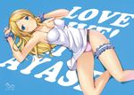  ayase_eli blonde_hair blue_eyes blue_scrunchie breasts character_name cleavage copyright_name garters long_hair looking_at_viewer love_live! love_live!_school_idol_project lying medium_breasts ok-ray on_back panties scrunchie shirt smile solo thigh_strap underwear white_shirt wrist_scrunchie 