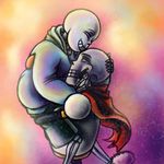  2016 animated_skeleton bone clothed clothing embrace eyes_closed happy kissing male not_furry papyrus_(undertale) sans_(undertale) skeleton smile undead undertale unknown_artist video_games 
