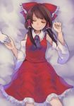  ascot bed blurry bow breasts brown_hair closed_eyes detached_sleeves frilled_bow frilled_skirt frills gloves hair_bow hair_tubes hakurei_reimu hand_up lying medium_breasts on_back on_bed out_of_frame red_shirt red_skirt shirt short_hair shukinuko skirt sleeping smile solo touching touhou white_gloves yakumo_yukari 