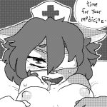  anthro areola bedroom_eyes breasts cat dialogue drooling english_text eye_patch eyewear feline female hair half-closed_eyes hat mammal marie_(paperclip) monochrome nipples open_mouth paperclip_(artist) saliva seductive smile solo suggestive sweat teeth text tongue 