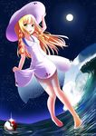  barefoot blonde_hair braid dress full_moon green_eyes hand_on_headwear hat highres lillie_(pokemon) long_hair moon night night_sky open_mouth poke_ball pokemon pokemon_(game) pokemon_sm skirt_hold sky sleeveless sleeveless_dress smile solo star_(sky) sun_hat twin_braids wading water waves white_dress yuyumi_(yuurei) 